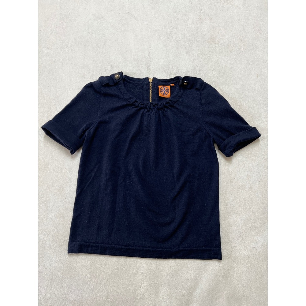 Tory Burch Navy Blue Short Sleeve Knit Top Gold Logo Buttons Zipper Back Medium